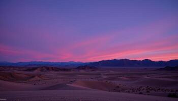 a twilight colored desert under a violet sky, where every ridge glows faintly in the dying light. photo
