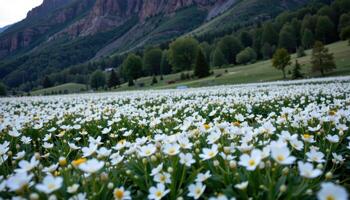 a field of white flowers stretching to the base of a dark mountain wall, bathed in fading sunlight. photo