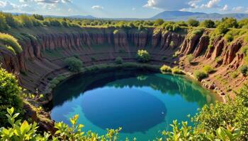 a sunken crater filled with clear water and rimmed by lush vegetation, glowing in afternoon light. photo
