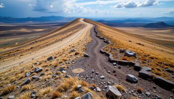 a windswept tundra ridge with permafrost patterns etched into the ground. photo