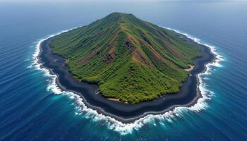 a remote volcanic island surrounded by black sand beaches and dense, wind blown vegetation. photo