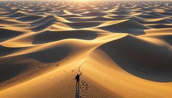a network of sand dunes shaped like ocean waves, casting long shadows in the setting sun. photo