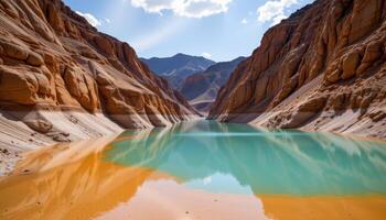 a flooded quarry filled with turquoise water and steep rock walls stained with mineral colors. photo