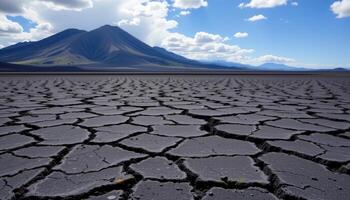 a cracked lava plain cooled into hexagonal patterns, stretching to the horizon under volcanic peaks. photo