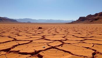 a red desert plain cracked into vast hexagonal tiles, where heat shimmers in the distance. photo