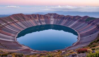 a crescent shaped lake nestled inside an extinct caldera, rimmed by cliffs and early morning fog. photo