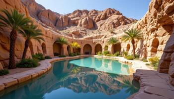 a desert oasis surrounded by rock walls, where the palm lined water mirrors the sky perfectly. photo