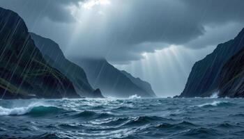 a storm lit bay where rain lashes the water and jagged cliffs loom through the downpour. photo