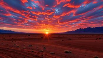 a broad desert plain at sunrise, where the earth glows with red and orange hues as shadows retreat. photo