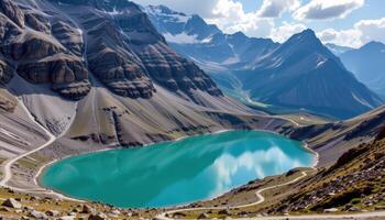a steep mountain cirque holding a glacial lake the color of jade, fed by hidden meltwater streams. photo