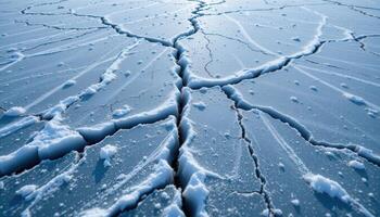 a frozen lake cracked in jagged lines, with snow drifting across its cold surface. photo