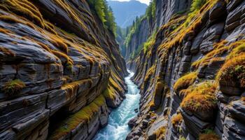 a narrow mountain gorge where a river cuts through basalt columns and moss covered ledges. photo