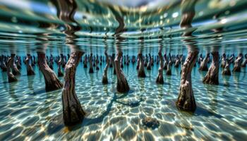 a sunken forest of petrified trees submerged in clear lake water, their trunks reaching toward the surface. photo