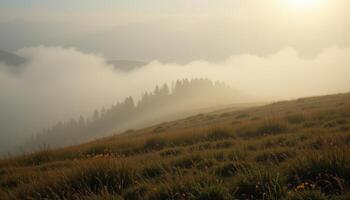 a foggy hilltop blanketed in tall grasses, with only silhouettes of trees piercing the mist. photo