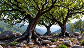 a grove of twisted oaks growing on rocky ground, their roots gripping boulders and stone. photo