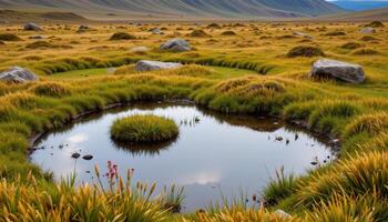 a highland bog with still pools, peat mounds, and whispering grasses. photo