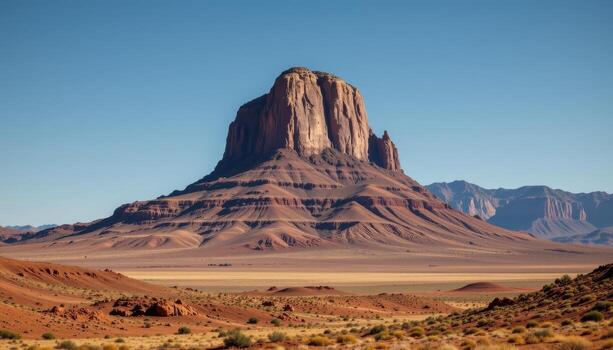 a lonely mesa towering above an empty plain, eroded into jagged peaks and ledges. photo