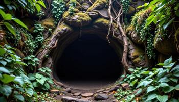 a cave entrance shrouded in vines and moss, hidden deep within a rainforest cliff. photo