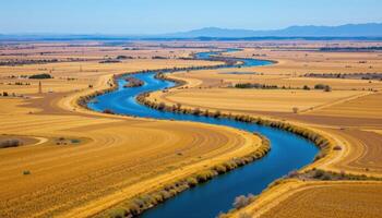 a river crossing open plains, carving oxbow turns through golden grasslands. photo