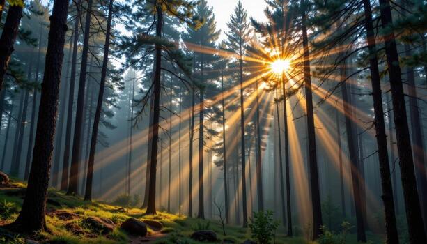 a dense, misty pine forest at sunrise, where light rays split through the trees in golden shafts. photo