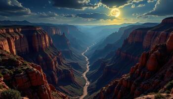 a vast canyon lit by moonlight, with deep shadows crawling along its intricate walls. photo