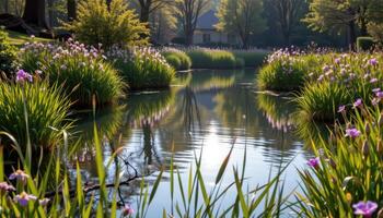 a spring fed lake ringed by reeds and wild irises, glowing in the soft morning light. photo