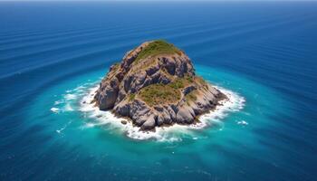 a remote island cliff rising sharply from turquoise seas, topped with sparse vegetation swaying in the breeze. photo