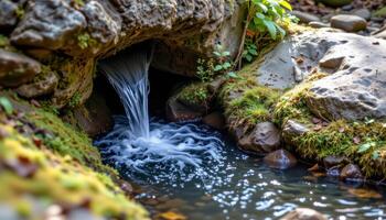 a hidden spring bubbling from beneath mossy stone, feeding a crystal stream through dense foliage. photo