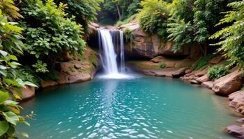 a secluded waterfall plunging into a deep turquoise pool surrounded by lush greenery. photo