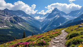 a rocky mountain trail winding past alpine flowers beneath towering snow capped summits. photo