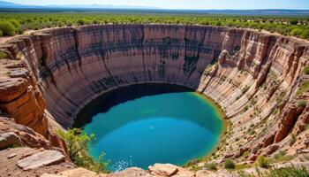 a massive sinkhole filled with turquoise water and steep limestone walls. photo