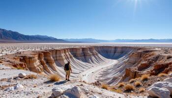a deep basin below sea level, dotted with salt encrusted rocks and shimmering heat mirages. photo
