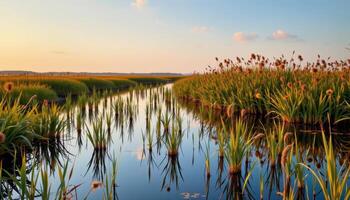 a serene coastal marsh filled with reeds and reflecting soft dawn light. photo