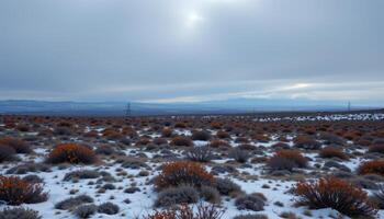a windswept tundra dotted with hardy shrubs and patches of snow beneath a low gray sky. photo
