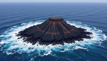 a rugged volcanic island ringed by black lava rocks and crashing surf. photo