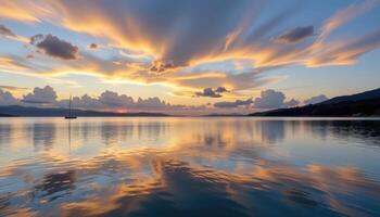 a tranquil bay with glassy water mirroring a sky painted with pastel clouds at sunset. photo