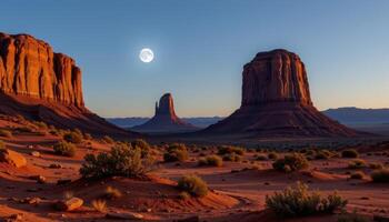 a moonlit desert scene with tall sandstone spires casting long shadows over cracked earth. photo