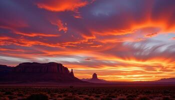a desert mesa silhouetted against a fiery sunset, its red cliffs glowing warmly. photo