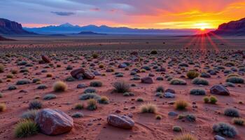 a vast desert plain with scattered rock formations and distant mesas silhouetted by the setting sun. photo
