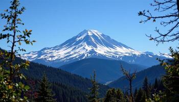a snowy mountain peak piercing the clear blue sky above a forested valley below. photo