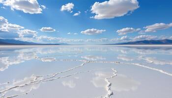 a broad salt flat stretching to the horizon under a clear sky, reflecting clouds like a mirror. photo