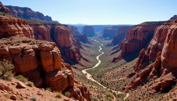 a deep canyon with multi colored rock layers and sparse desert vegetation under a hot sun. photo