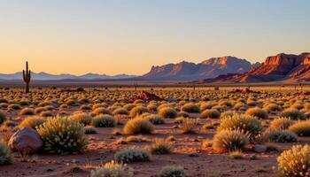 a desert plain dotted with sagebrush and distant mesas glowing under the warm glow of sunset. photo