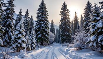 a snow covered forest path winding through tall fir trees under a pale winter sun. photo