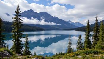 a calm mountain lake surrounded by tall pines and reflected clouds drifting overhead. photo