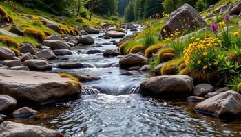 a calm mountain stream bordered by moss covered rocks and wildflowers. photo