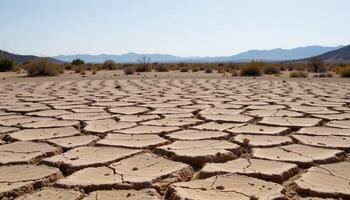 a dry desert basin filled with cracked mud and scattered desert shrubs beneath a clear sky. photo