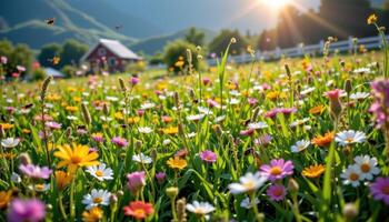 a lush meadow dotted with wildflowers and buzzing insects beneath a bright summer sun. photo