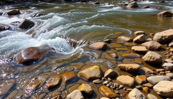 a rocky riverbank with clear water rushing over smooth stones and pebbles. photo