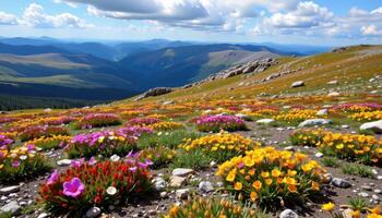 a windswept alpine tundra with low shrubs and wildflowers blooming in the short summer season. photo